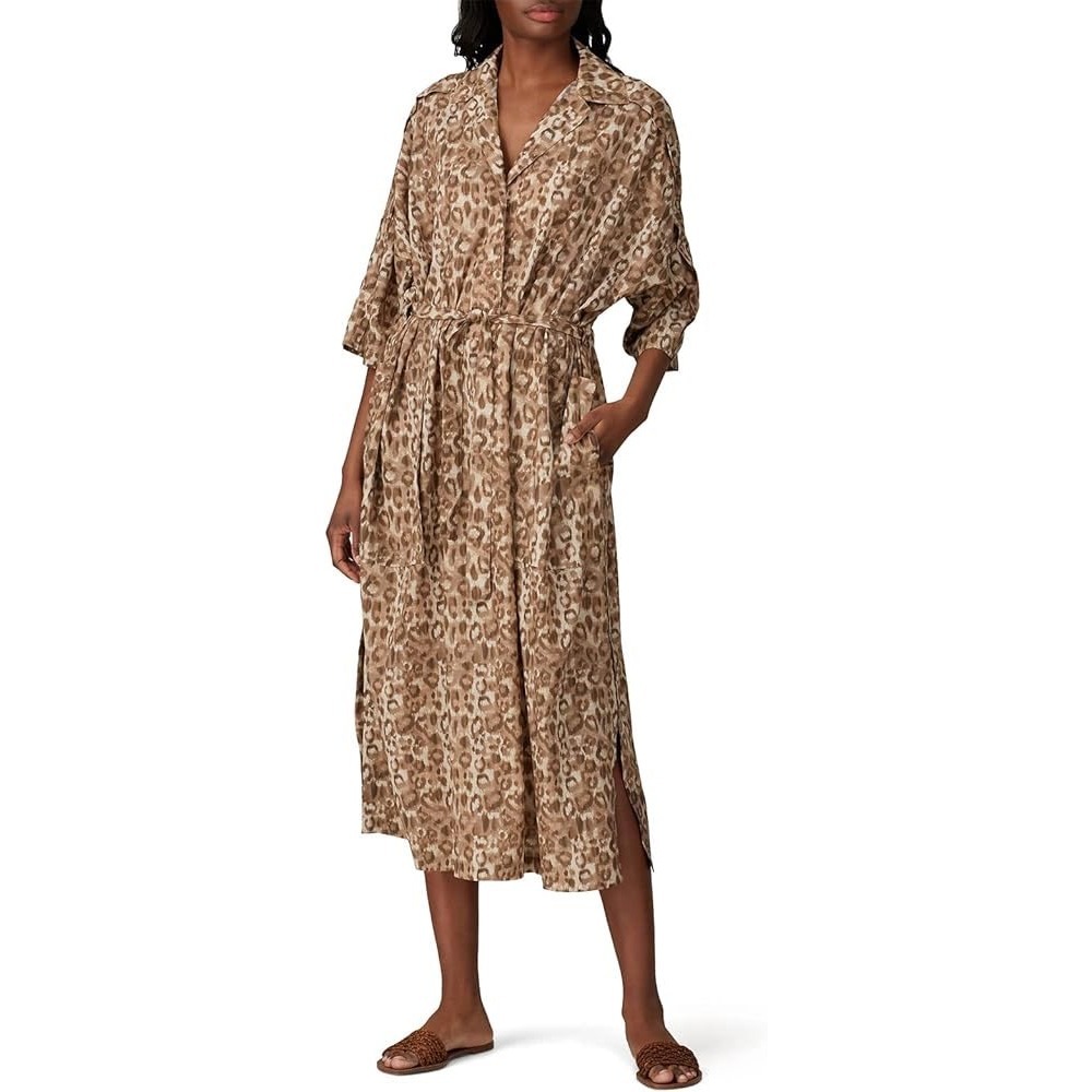 Victor Alfaro Collective Leopard Print Midi‎ Shirt Dress Kaftan Brown Large